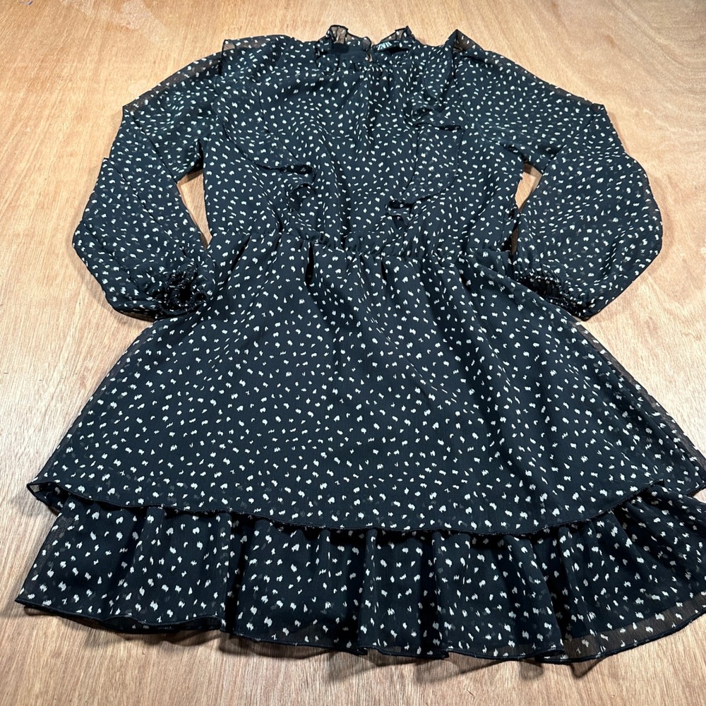 Zara Ruffle Mini Dress Women XS Black White Dot Long Sleeve Tiered Chiffon